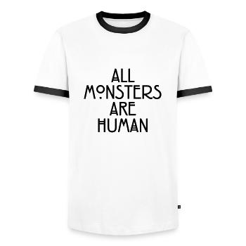 All monsters are human - Männer Kontrast-T-Shirt - Weiß/Schwarz - Vorne - AI Model Female 172 light (172cm) & AI Model Male 178 dark (178cm)