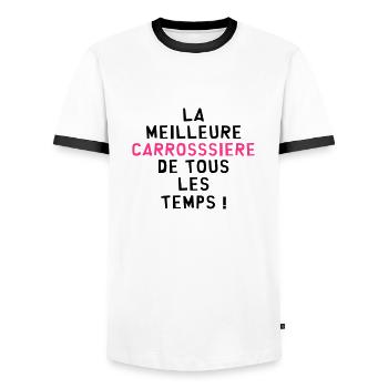 Carrossier / Garagiste / Garage / Voiture / Mécano - T-shirt contrasté Homme - blanc/noir - Devant - AI Model Female 172 light (172cm) & AI Model Male 178 dark (178cm)