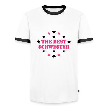 The best schwester - Men's Ringer Shirt - white/black - Front - AI Model Female 172 light (172cm) & AI Model Male 178 dark (178cm)