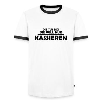 Die tut nix die will nur kassieren - Männer Kontrast-T-Shirt - Weiß/Schwarz - Vorne - AI Model Female 172 light (172cm) & AI Model Male 178 dark (178cm)