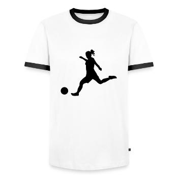 woman_soccer - Men's Ringer Shirt - white/black - Front - AI Model Female 172 light (172cm) & AI Model Male 178 dark (178cm)