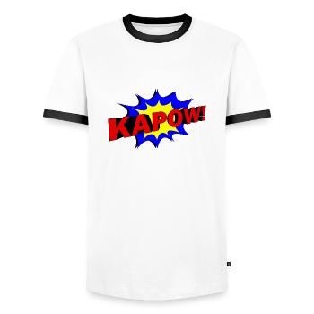 Slogan KAPOW! - Men's Ringer Shirt - white/black - Front - AI Model Female 172 light (172cm) & AI Model Male 178 dark (178cm)