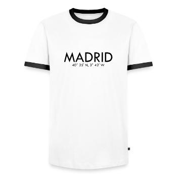 Madrid - Spain - Coordinates - Latitude Longitude - Men's Ringer Shirt - white/black - Front - AI Model Female 172 light (172cm) & AI Model Male 178 dark (178cm)