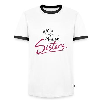 Text Sisters Friends - Men's Ringer Shirt - white/black - Front - AI Model Female 172 light (172cm) & AI Model Male 178 dark (178cm)