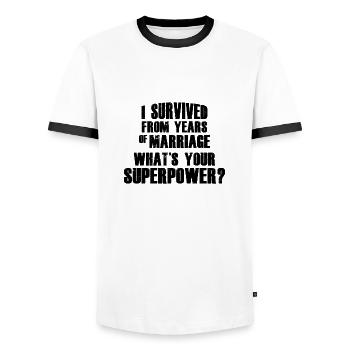 DIE SUPERMACHT DER ÜBERLEBENDEN DER EHE - Männer Kontrast-T-Shirt - Weiß/Schwarz - Vorne - AI Model Female 172 light (172cm) & AI Model Male 178 dark (178cm)