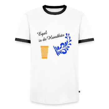 Egal is de Handkäs - Typisch Hessisch #Hessen - Männer Kontrast-T-Shirt - Weiß/Schwarz - Vorne - AI Model Female 172 light (172cm) & AI Model Male 178 dark (178cm)