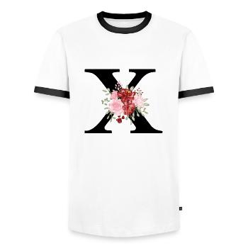 Roter floraler x-Buchstabe - Männer Kontrast-T-Shirt - Weiß/Schwarz - Vorne - AI Model Female 172 light (172cm) & AI Model Male 178 dark (178cm)