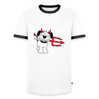 Dog Devil Satan Hell Evil Trident Horns Cool - Men's Ringer Shirt - white/black - Front - AI Model Female 172 light (172cm) & AI Model Male 178 dark (178cm)