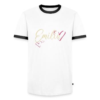 Emilia Nom Prénom Calligraphie Coeur - T-shirt contrasté Homme - blanc/noir - Devant - AI Model Female 172 light (172cm) & AI Model Male 178 dark (178cm)