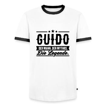 Man Myth Legend Guido - Men's Ringer Shirt - white/black - Front - AI Model Female 172 light (172cm) & AI Model Male 178 dark (178cm)