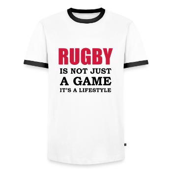 rugby style - Men's Ringer Shirt - white/black - Front - AI Model Female 172 light (172cm) & AI Model Male 178 dark (178cm)