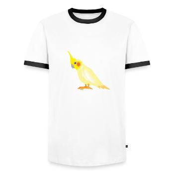 Realistic yellow cockatiel with red cheeks - Men's Ringer Shirt - white/black - Front - AI Model Female 172 light (172cm) & AI Model Male 178 dark (178cm)