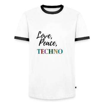 Love, peace, techno - Men's Ringer Shirt - white/black - Front - AI Model Female 172 light (172cm) & AI Model Male 178 dark (178cm)