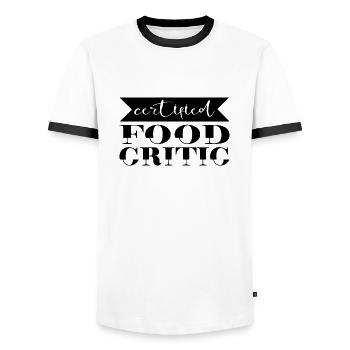 Critique gastronomique certifiée - T-shirt contrasté Homme - blanc/noir - Devant - AI Model Female 172 light (172cm) & AI Model Male 178 dark (178cm)