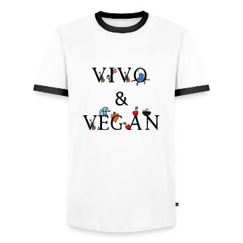Vivo & Végétalien - T-shirt contrasté Homme - blanc/noir - Devant - AI Model Female 172 light (172cm) & AI Model Male 178 dark (178cm)