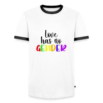 Love Has No Gender LGBTQ Gay Pride Rainbow - Men's Ringer Shirt - white/black - Front - AI Model Female 172 light (172cm) & AI Model Male 178 dark (178cm)