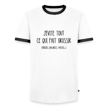 j'évite tout ce qui fait grossir - T-shirt contrasté Homme - blanc/noir - Devant - AI Model Female 172 light (172cm) & AI Model Male 178 dark (178cm)