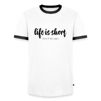 life is short Don ́t be Lazy - Men's Ringer Shirt - white/black - Front - AI Model Female 172 light (172cm) & AI Model Male 178 dark (178cm)