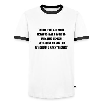Gott schaut er sitzt lustiger Spruch - Männer Kontrast-T-Shirt - Weiß/Schwarz - Vorne - AI Model Female 172 light (172cm) & AI Model Male 178 dark (178cm)