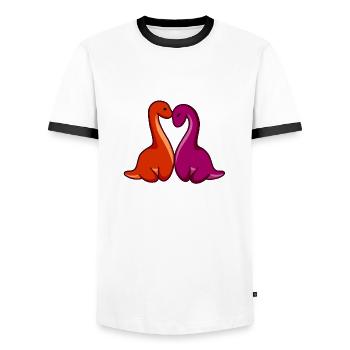 hugadino lesbisches Paar, süßer Dinosaurier, Dino - Männer Kontrast-T-Shirt - Weiß/Schwarz - Vorne - AI Model Female 172 light (172cm) & AI Model Male 178 dark (178cm)