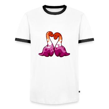hugadino lesbisches Paar, süßer Dinosaurier, Dino - Männer Kontrast-T-Shirt - Weiß/Schwarz - Vorne - AI Model Female 172 light (172cm) & AI Model Male 178 dark (178cm)