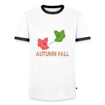 Autumn Fall Funny Maple Leaf Joke Cartoon Design - Men's Ringer Shirt - white/black - Front - AI Model Female 172 light (172cm) & AI Model Male 178 dark (178cm)
