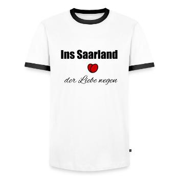 Ins Saarland der Liebe wegen - Männer Kontrast-T-Shirt - Weiß/Schwarz - Vorne - AI Model Female 172 light (172cm) & AI Model Male 178 dark (178cm)