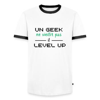A geek doesn't get old, he level up - Men's Ringer Shirt - white/black - Front - AI Model Female 172 light (172cm) & AI Model Male 178 dark (178cm)