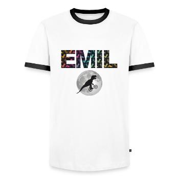 EMIL - Beautiful boy name with dinosaur - Men's Ringer Shirt - white/black - Front - AI Model Female 172 light (172cm) & AI Model Male 178 dark (178cm)