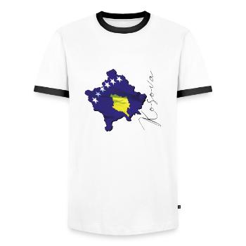 Drapeau du Kosovo sur la carte du Kosovo XK - T-shirt contrasté Homme - blanc/noir - Devant - AI Model Female 172 light (172cm) & AI Model Male 178 dark (178cm)