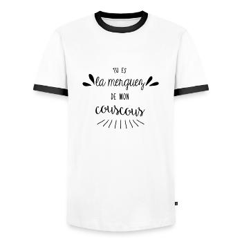 Tu es la merguez de mon couscous - T-shirt contrasté Homme - blanc/noir - Devant - AI Model Female 172 light (172cm) & AI Model Male 178 dark (178cm)