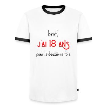 bref j'ai un 18 ans pour la deuxième fois - T-shirt contrasté Homme - blanc/noir - Devant - AI Model Female 172 light (172cm) & AI Model Male 178 dark (178cm)