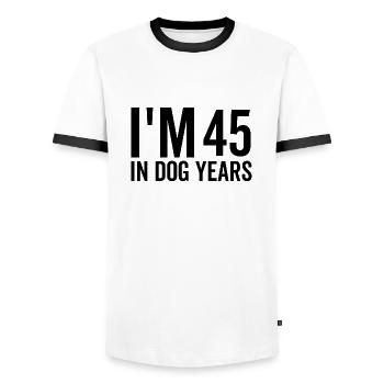 45 in Dog Years - Men's Ringer Shirt - white/black - Front - AI Model Female 172 light (172cm) & AI Model Male 178 dark (178cm)
