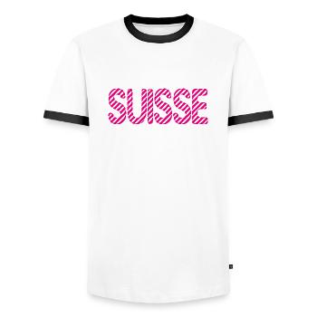 SWITZERLAND. COUNTRY. GENEVA. HUMOR. FLAG. GENEVA - Men's Ringer Shirt - white/black - Front - AI Model Female 172 light (172cm) & AI Model Male 178 dark (178cm)