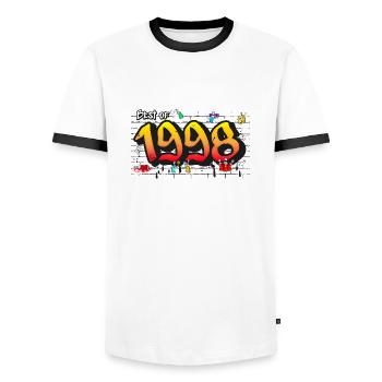 Bold 1998 Graffiti – 27 Years of Street Edge - Men's Ringer Shirt - white/black - Front - AI Model Female 172 light (172cm) & AI Model Male 178 dark (178cm)