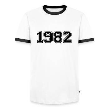 1982 - Männer Kontrast-T-Shirt - Weiß/Schwarz - Vorne - AI Model Female 172 light (172cm) & AI Model Male 178 dark (178cm)
