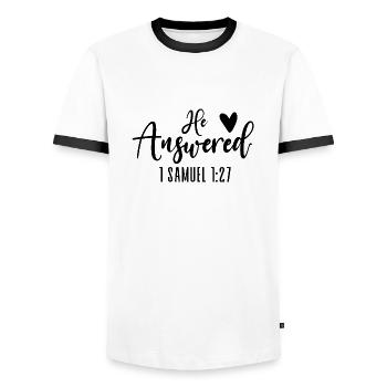 He Answered Samuel 1:27. - Men's Ringer Shirt - white/black - Front - AI Model Female 172 light (172cm) & AI Model Male 178 dark (178cm)