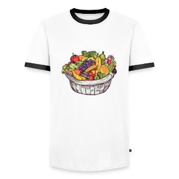 A basket filled with vegetables and fruit, transparent - Men's Ringer Shirt - white/black - Front - AI Model Female 172 light (172cm) & AI Model Male 178 dark (178cm)