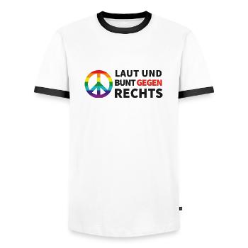 Laut und bunt gegen rechts - Männer Kontrast-T-Shirt - Weiß/Schwarz - Vorne - AI Model Female 172 light (172cm) & AI Model Male 178 dark (178cm)