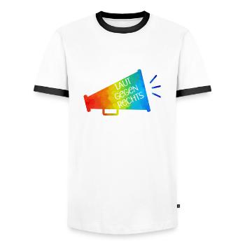 Laut gegen rechts Nr 01 - Männer Kontrast-T-Shirt - Weiß/Schwarz - Vorne - AI Model Female 172 light (172cm) & AI Model Male 178 dark (178cm)