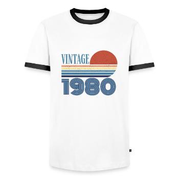 Vintage, 1980er Jahre - Männer Kontrast-T-Shirt - Weiß/Schwarz - Vorne - AI Model Female 172 light (172cm) & AI Model Male 178 dark (178cm)