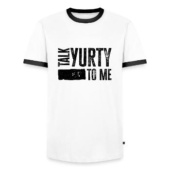 Talk Yurty To Me - Lustiges Zeltliebhaber Geschenk - Männer Kontrast-T-Shirt - Weiß/Schwarz - Vorne - AI Model Female 172 light (172cm) & AI Model Male 178 dark (178cm)