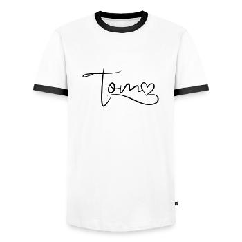 Tom Last Name First Name Heart Decor - Men's Ringer Shirt - white/black - Front - AI Model Female 172 light (172cm) & AI Model Male 178 dark (178cm)