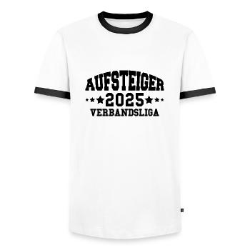 Aufsteiger 2025 Verbandsliga Aufstieg Fußball - Männer Kontrast-T-Shirt - Weiß/Schwarz - Vorne - AI Model Female 172 light (172cm) & AI Model Male 178 dark (178cm)