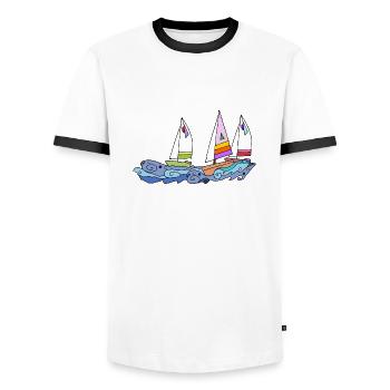 Segelboot - Männer Kontrast-T-Shirt - Weiß/Schwarz - Vorne - AI Model Female 172 light (172cm) & AI Model Male 178 dark (178cm)