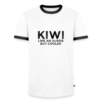 Kiwi Like an Aussie but Cooler - New Zealand - Men's Ringer Shirt - white/black - Front - AI Model Female 172 light (172cm) & AI Model Male 178 dark (178cm)