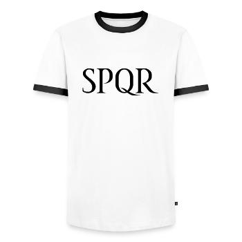 SPQR Schriftzug Vektor Dunkel - Männer Kontrast-T-Shirt - Weiß/Schwarz - Vorne - AI Model Female 172 light (172cm) & AI Model Male 178 dark (178cm)