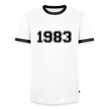 1983 - Men's Ringer Shirt - white/black - Front - AI Model Female 172 light (172cm) & AI Model Male 178 dark (178cm)