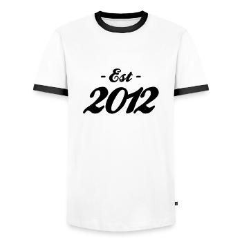 Birth - Established 2012 - Men's Ringer Shirt - white/black - Front - AI Model Female 172 light (172cm) & AI Model Male 178 dark (178cm)