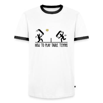 How to play Table Tennis Table Tennis Sport Tshirt - Men's Ringer Shirt - white/black - Front - AI Model Female 172 light (172cm) & AI Model Male 178 dark (178cm)